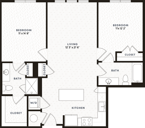 Floor plan for 2 beds, 2 baths, 1050 sqft